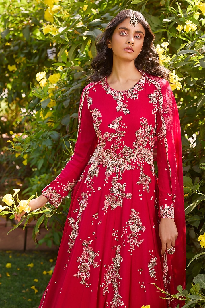 Carmine Red Chiffon Pearl & Thread Embroidered Bridal Anarkali Set by Dolly J at Pernia's Pop Up Shop