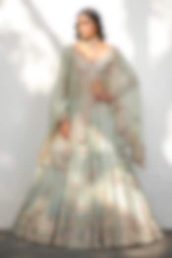 Sage Green Raw Silk Tassels Embroidered Bridal Lehenga Set by Dolly J at Pernia's Pop Up Shop