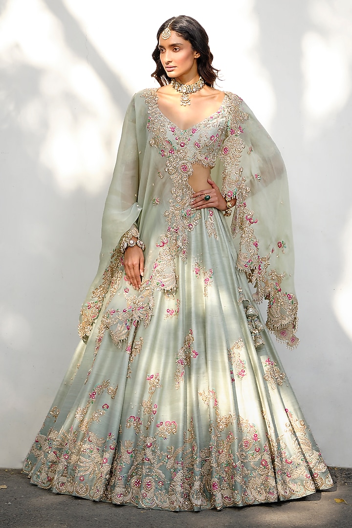 Sage Green Raw Silk Tassels Embroidered Bridal Lehenga Set by Dolly J at Pernia's Pop Up Shop