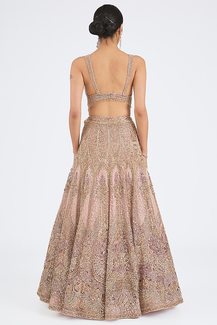 Blush Pink Shimmer Tulle Hand Beaded Embroidered Bridal Lehenga Set by Dolly J at Pernia's Pop Up Shop