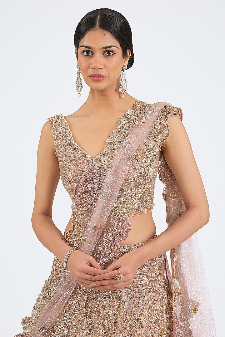 Blush Pink Shimmer Tulle Hand Beaded Embroidered Bridal Lehenga Set by Dolly J at Pernia's Pop Up Shop