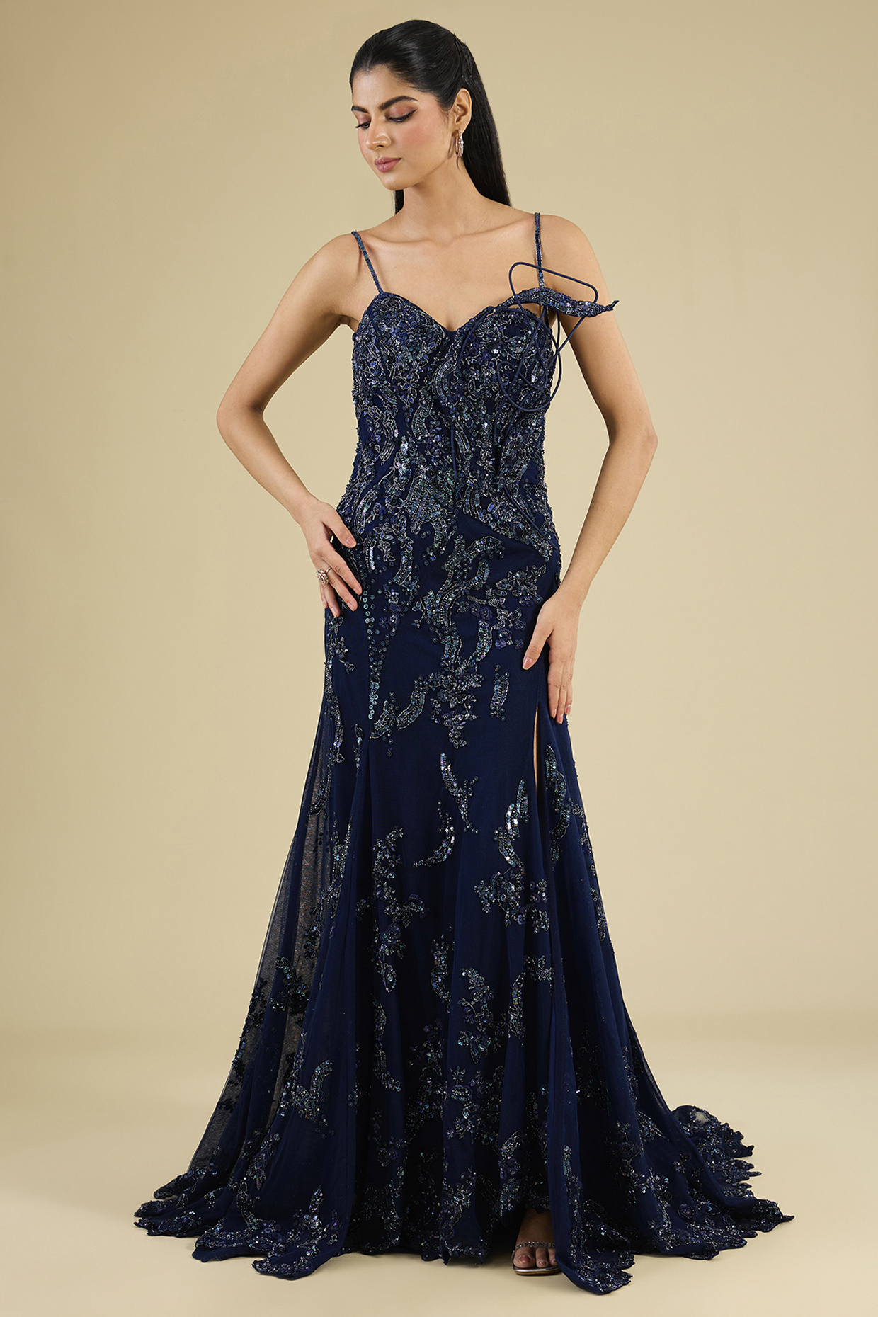 Navy Tulle Net Embroidered Bridal Gown by Dolly J at Pernia's Pop Up Shop