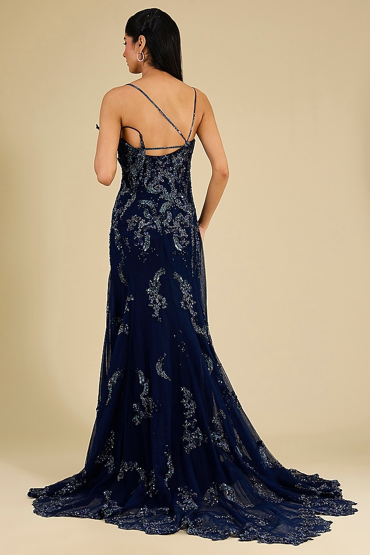 Navy Tulle Net Embroidered Bridal Gown by Dolly J at Pernia's Pop Up Shop