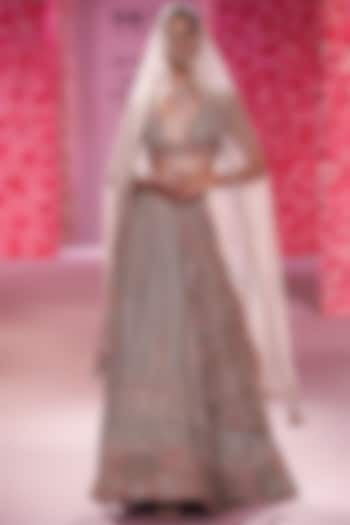 Rose Gold Shimmer Tulle Gold Pearl Beaded Bridal Lehenga Set by Dolly J at Pernia's Pop Up Shop