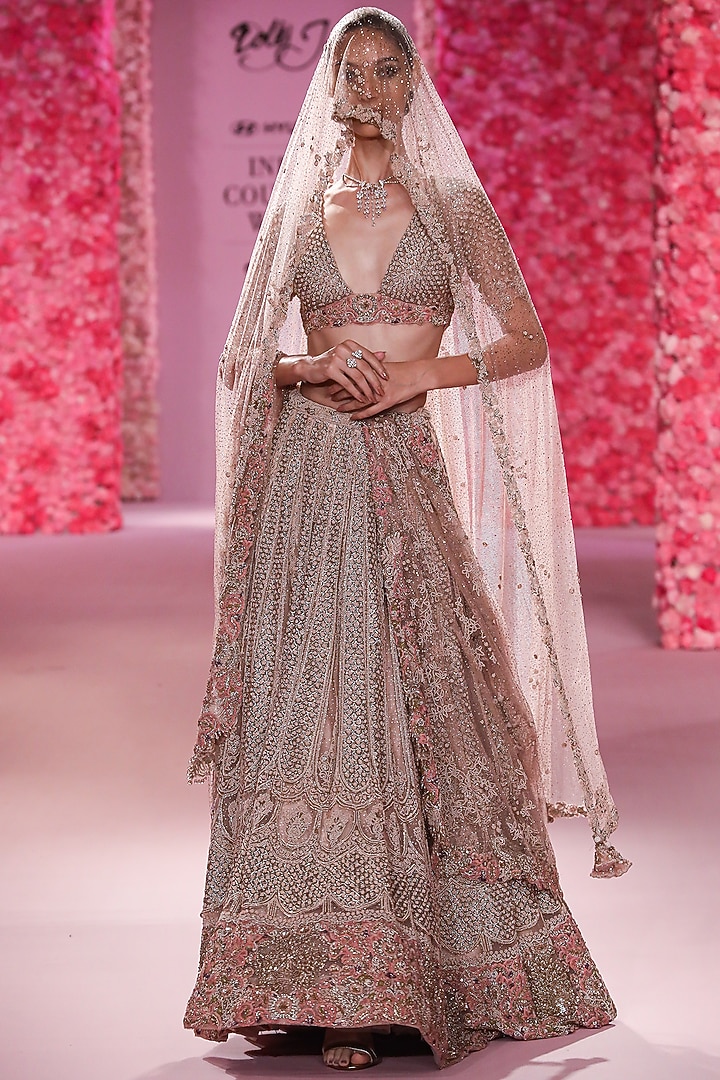 Rose Gold Shimmer Tulle Gold Pearl Beaded Bridal Lehenga Set by Dolly J at Pernia's Pop Up Shop