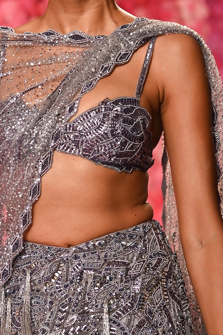 Pale Lilac Shimmer Tulle Hand Beaded Bridal Lehenga Set by Dolly J at Pernia's Pop Up Shop