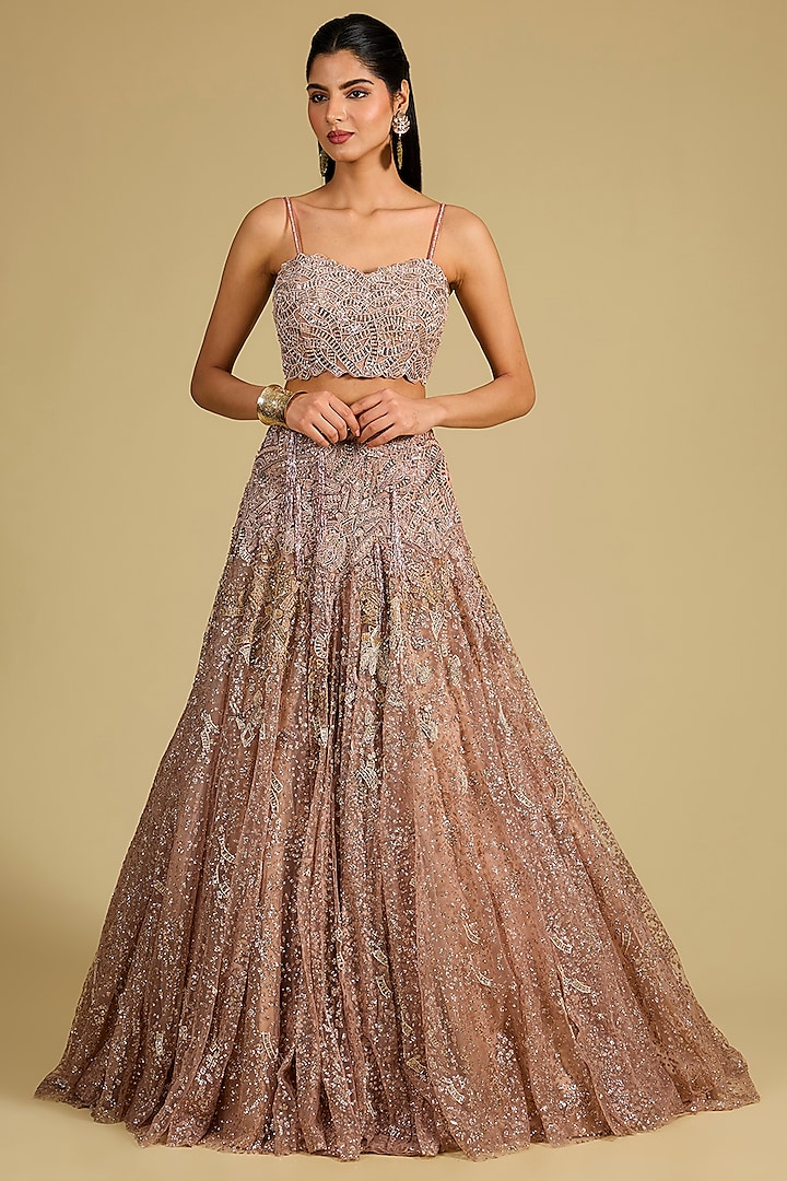 Champagne Shimmer Tulle Bead Hand Embroidered Bridal Lehenga Set by Dolly J at Pernia's Pop Up Shop