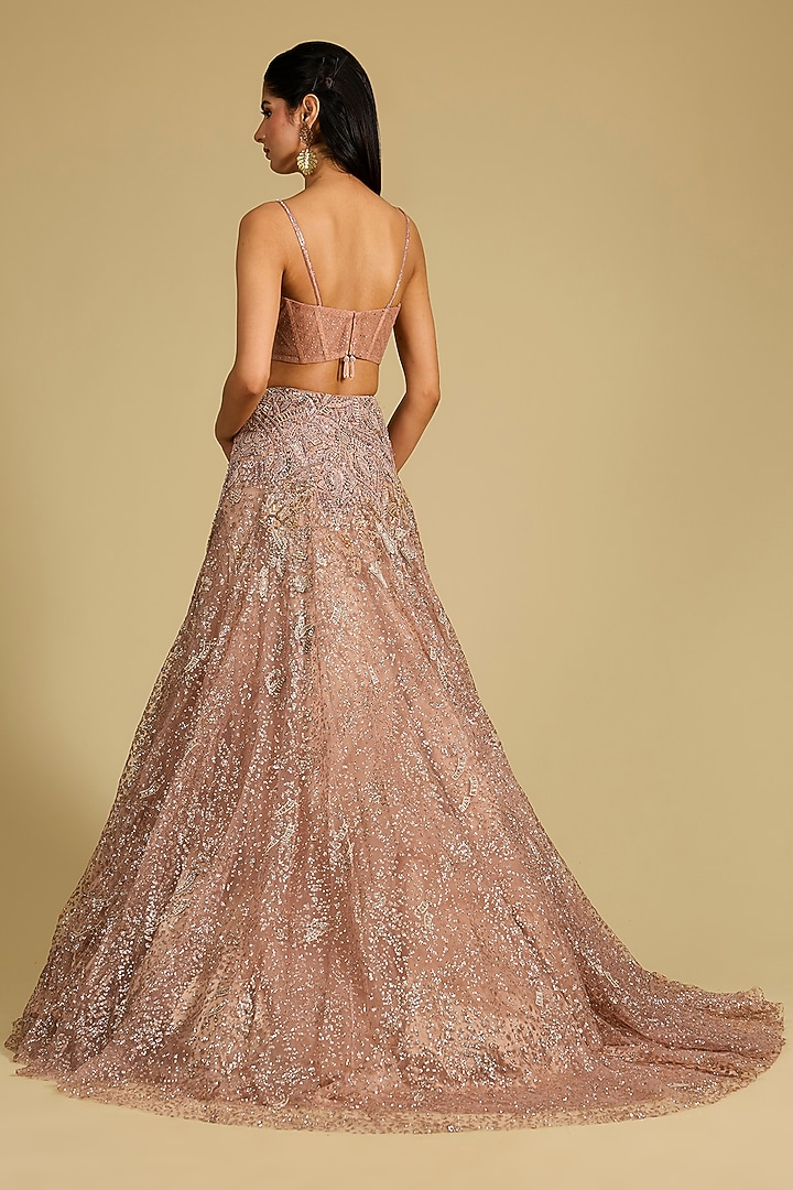 Champagne Shimmer Tulle Bead Hand Embroidered Bridal Lehenga Set by Dolly J at Pernia's Pop Up Shop