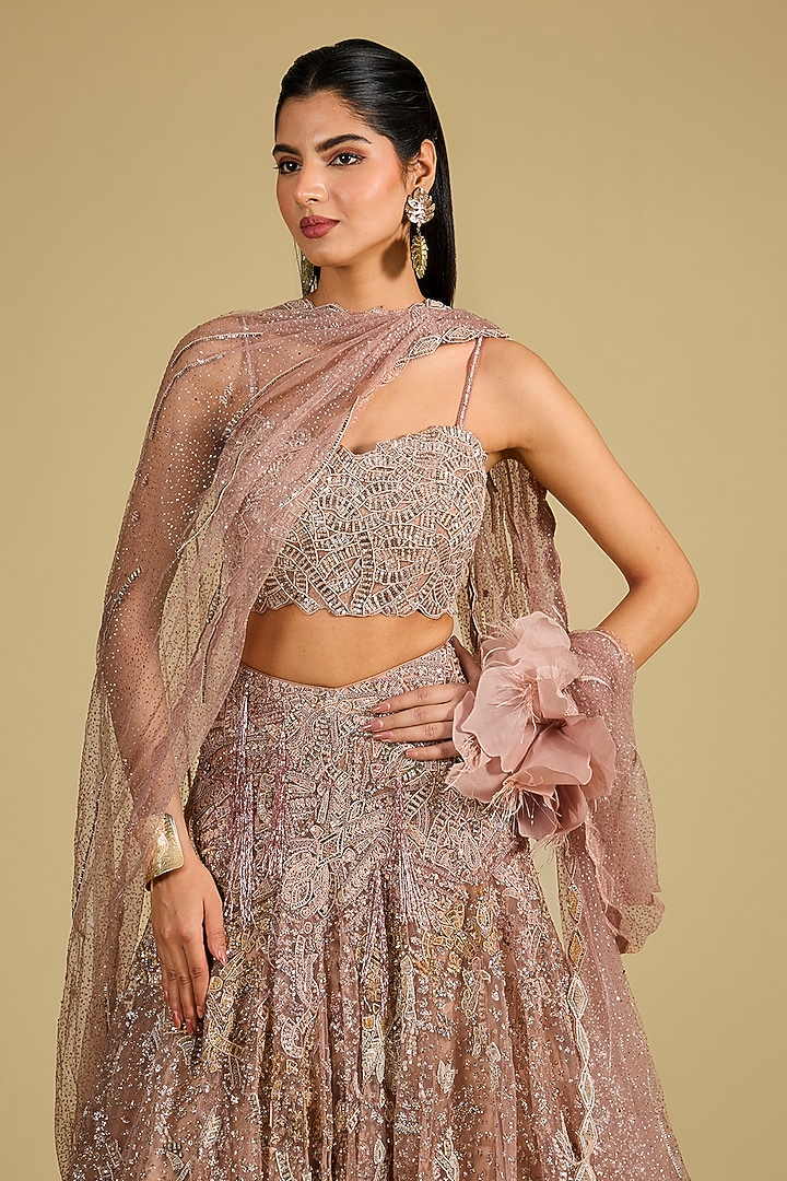 Champagne Shimmer Tulle Bead Hand Embroidered Bridal Lehenga Set by Dolly J at Pernia's Pop Up Shop
