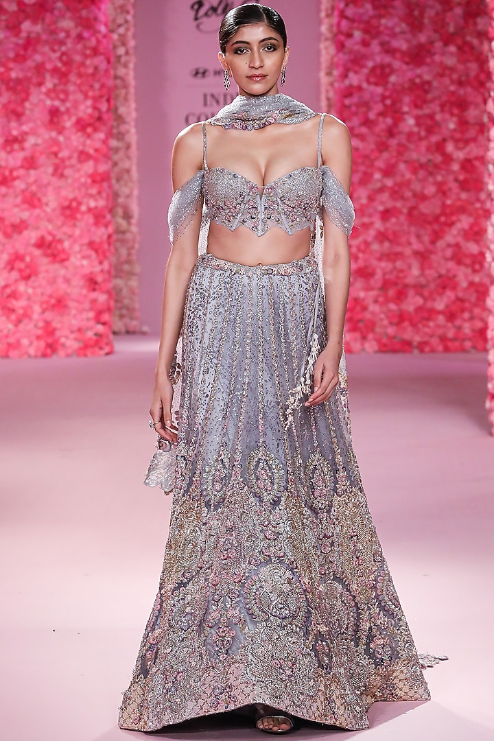 Lilac Shimmer Tulle Crystal Beaded Bridal Lehenga Set by Dolly J at Pernia's Pop Up Shop