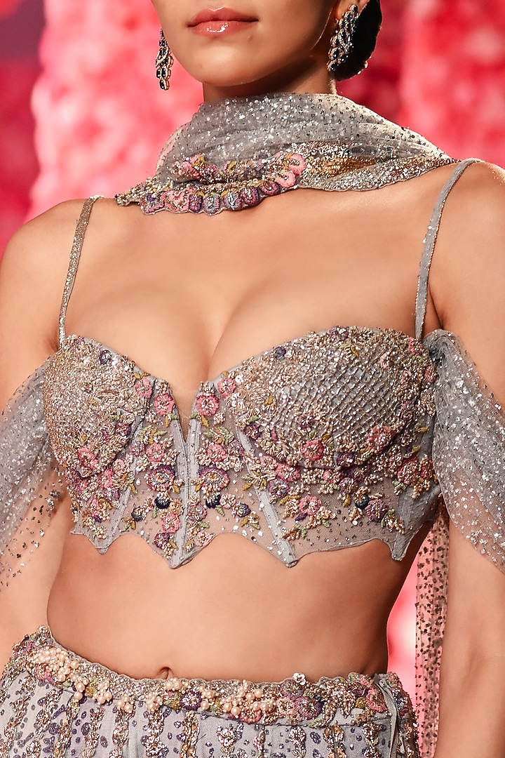 Lilac Shimmer Tulle Crystal Beaded Bridal Lehenga Set by Dolly J at Pernia's Pop Up Shop