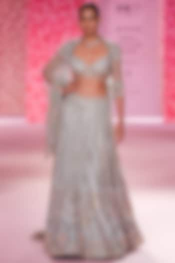 Powdery Sage Shimmer Tulle Hand Beaded Bridal Lehenga Set by Dolly J at Pernia's Pop Up Shop