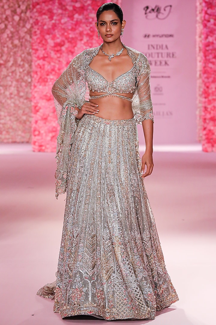 Powdery Sage Shimmer Tulle Hand Beaded Bridal Lehenga Set by Dolly J at Pernia's Pop Up Shop