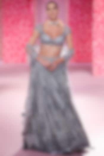 Pale Lilac Shimmer Tulle Hand Beaded Bridal Lehenga Set by Dolly J at Pernia's Pop Up Shop
