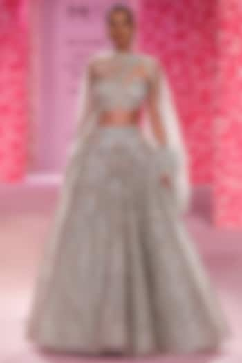 Powder Sage Shimmer Tulle Crystal Beaded Bridal Lehenga Set by Dolly J at Pernia's Pop Up Shop