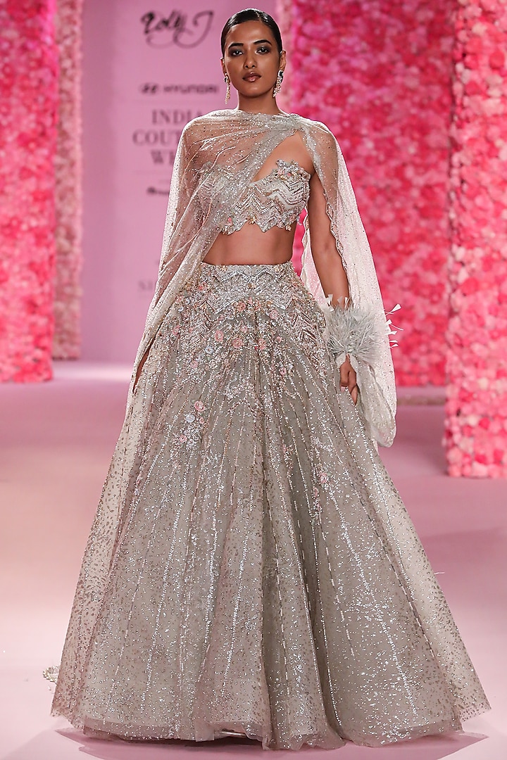 Powder Sage Shimmer Tulle Crystal Beaded Bridal Lehenga Set by Dolly J at Pernia's Pop Up Shop