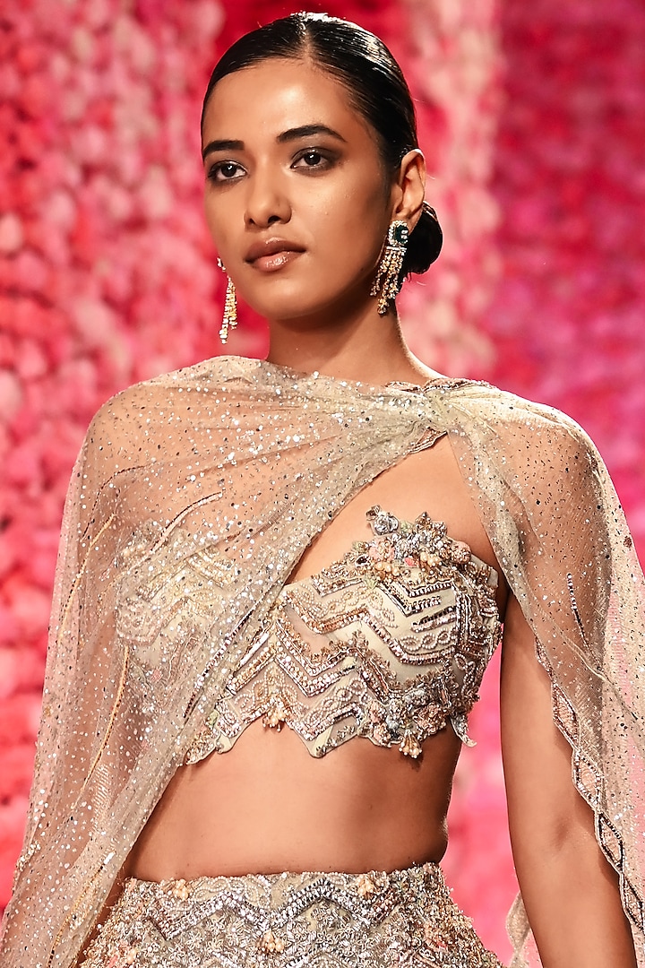 Powder Sage Shimmer Tulle Crystal Beaded Bridal Lehenga Set by Dolly J at Pernia's Pop Up Shop