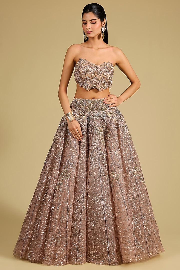 Champagne Shimmer Tulle Hand Embroidered Bridal Lehenga Set by Dolly J at Pernia's Pop Up Shop