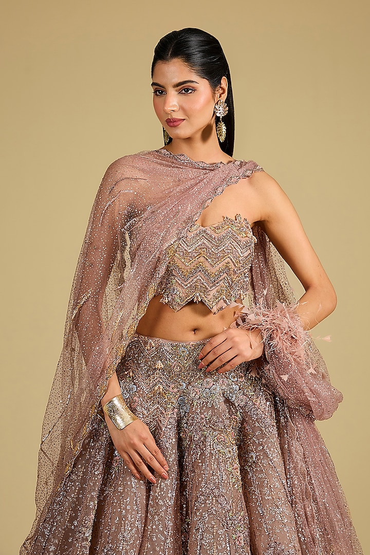 Champagne Shimmer Tulle Hand Embroidered Bridal Lehenga Set by Dolly J at Pernia's Pop Up Shop