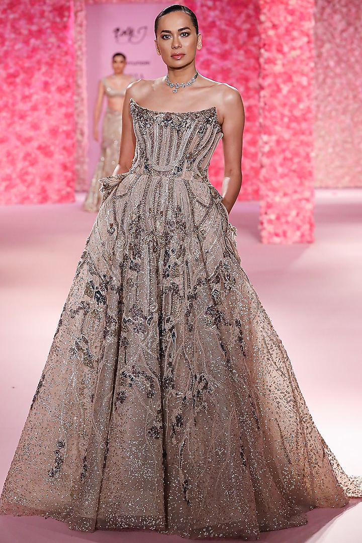 Gold Shimmer Tulle Stone Work Bridal Gown by Dolly J at Pernia's Pop Up Shop