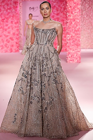 Gold Shimmer Tulle Stone Work Gown by Dolly J