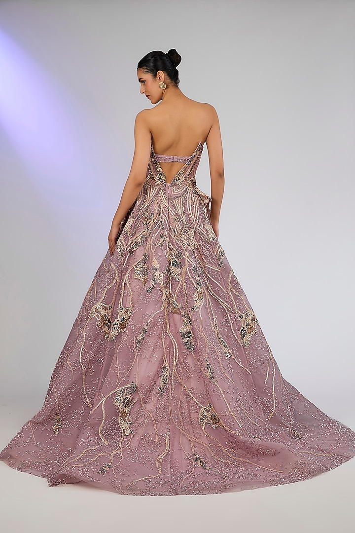 Wine Shimmer Tulle Stone Work Corset Bridal Gown by Dolly J at Pernia's Pop Up Shop