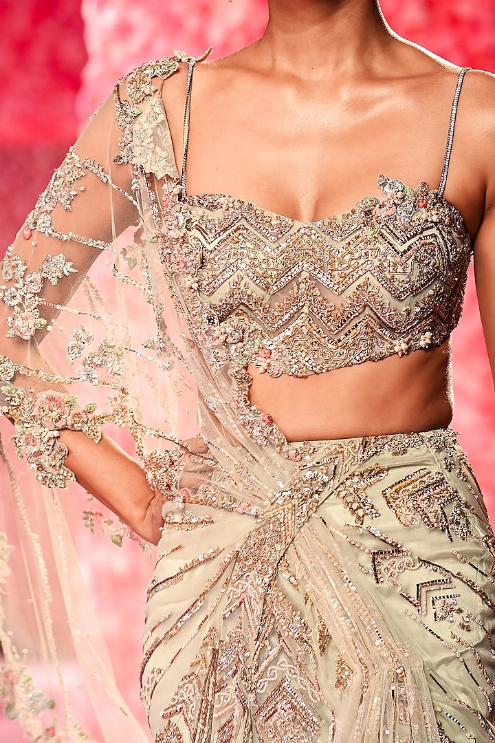 Powdery Sage Tulle Net Draped Bridal Saree Set by Dolly J at Pernia's Pop Up Shop
