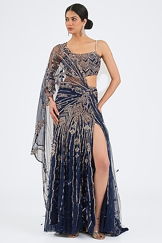 Navy Blue Tulle Crystal Embroidered Draped Saree Set by Dolly J