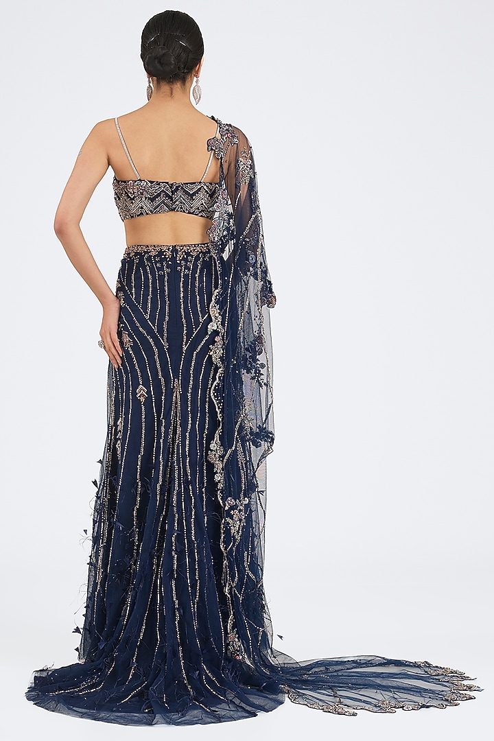 Navy Blue Tulle Crystal Embroidered Draped Bridal Saree Set by Dolly J at Pernia's Pop Up Shop