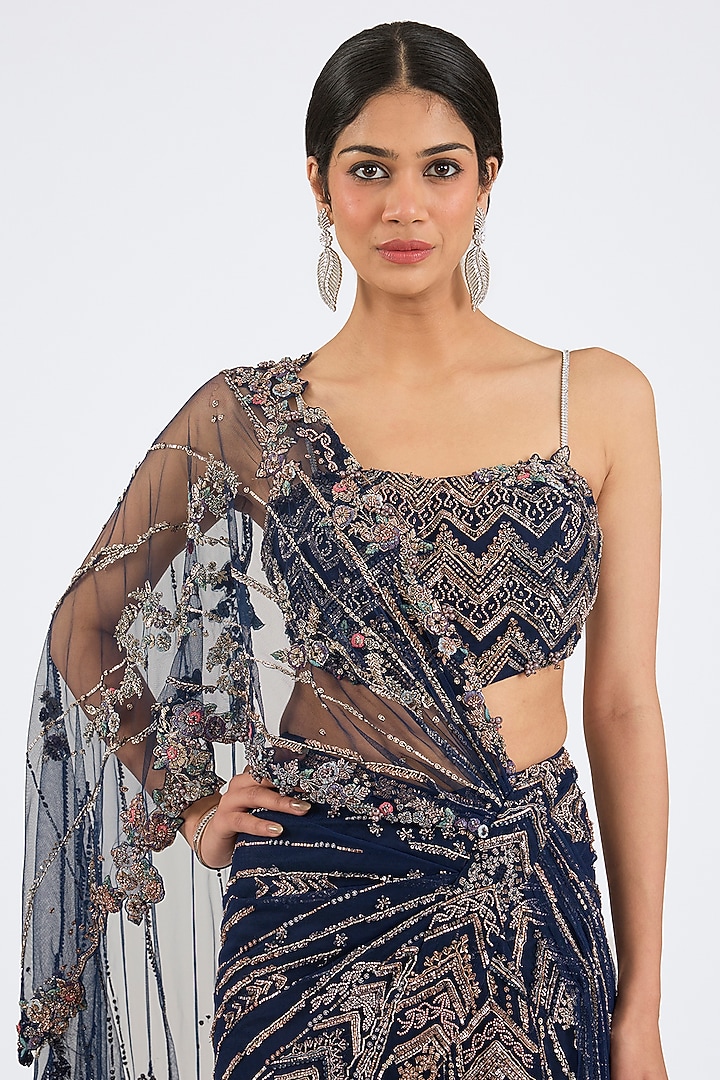 Navy Blue Tulle Crystal Embroidered Draped Bridal Saree Set by Dolly J at Pernia's Pop Up Shop