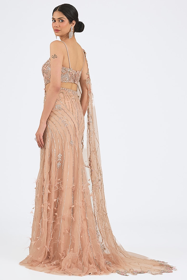 Champagne Tulle Net Crystal Embroidered Draped Bridal Saree Set by Dolly J at Pernia's Pop Up Shop