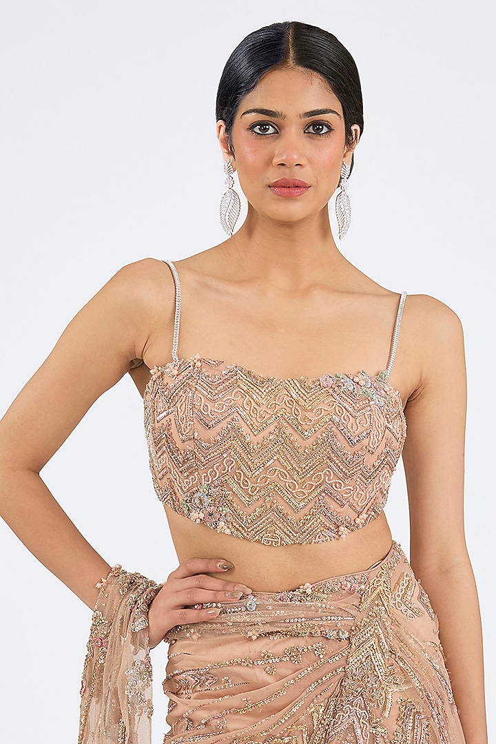 Champagne Tulle Net Crystal Embroidered Draped Bridal Saree Set by Dolly J at Pernia's Pop Up Shop