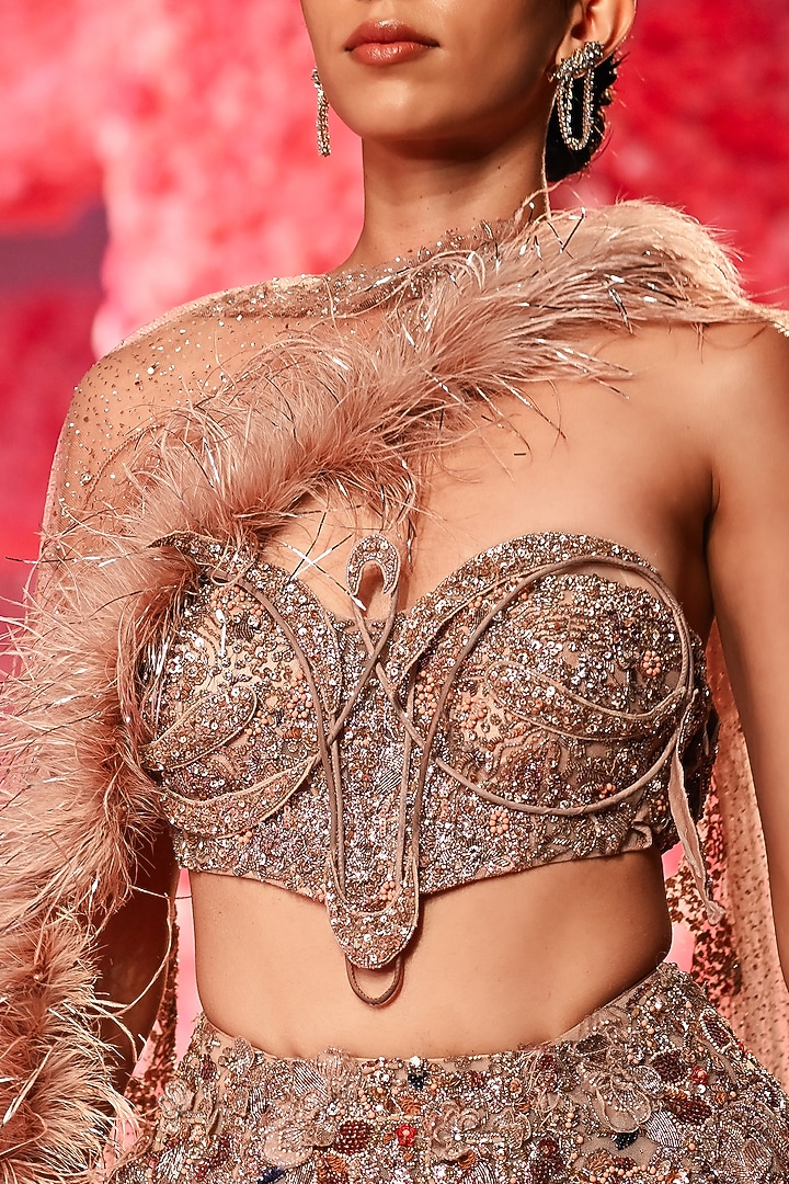 Rose Gold Shimmer Tulle Structured Bridal Lehenga Set by Dolly J at Pernia's Pop Up Shop