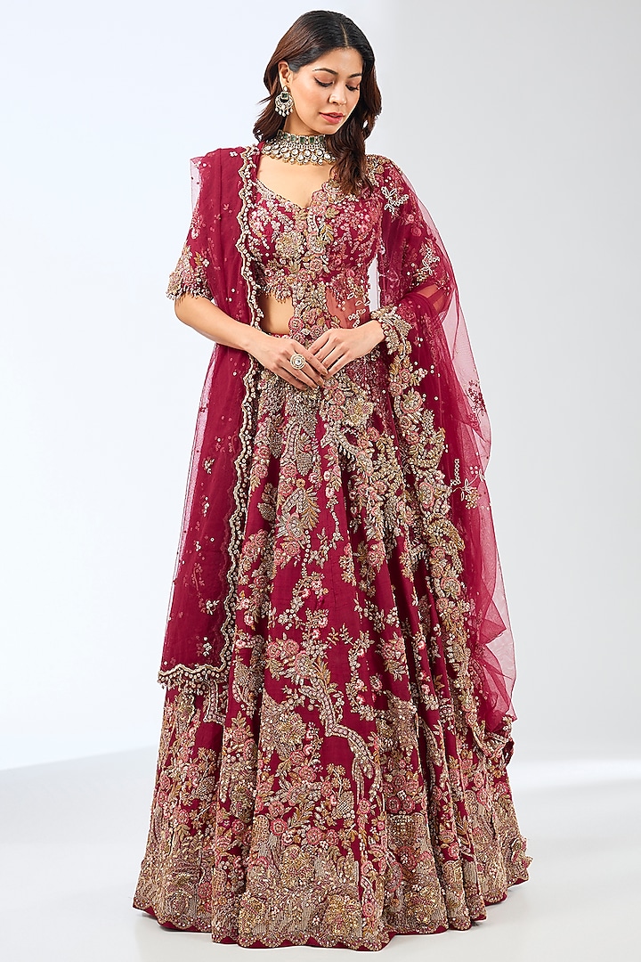 Maroon Raw Silk Zardosi Work Bridal Lehenga Set by Dolly J at Pernia's Pop Up Shop