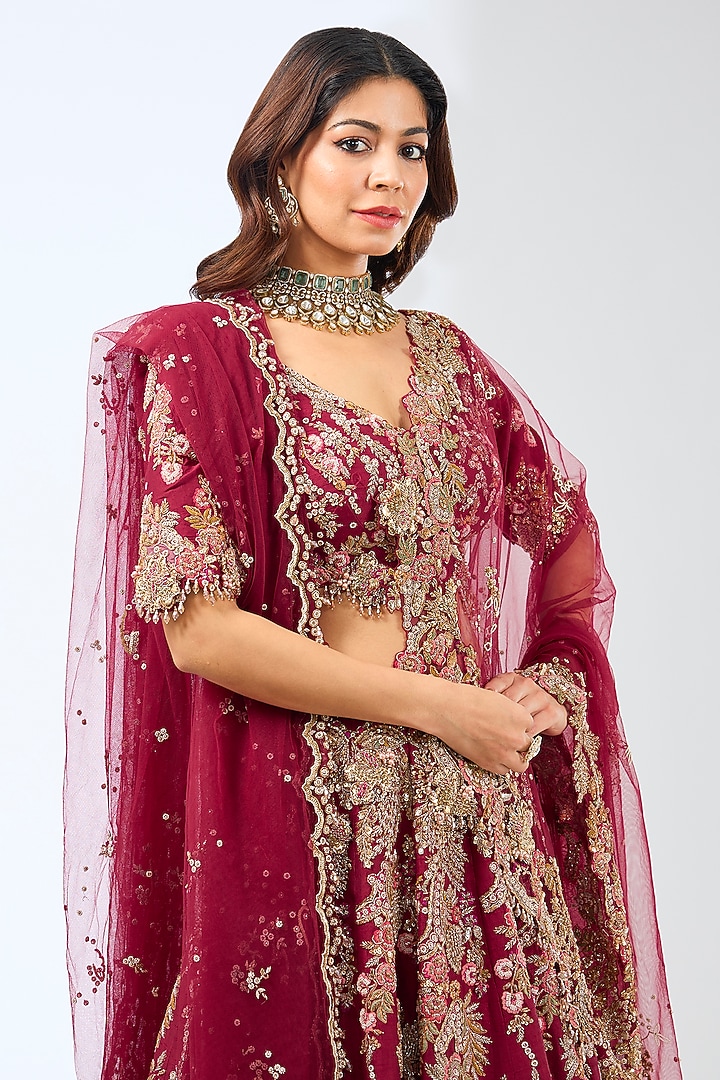 Maroon Raw Silk Zardosi Work Bridal Lehenga Set by Dolly J at Pernia's Pop Up Shop