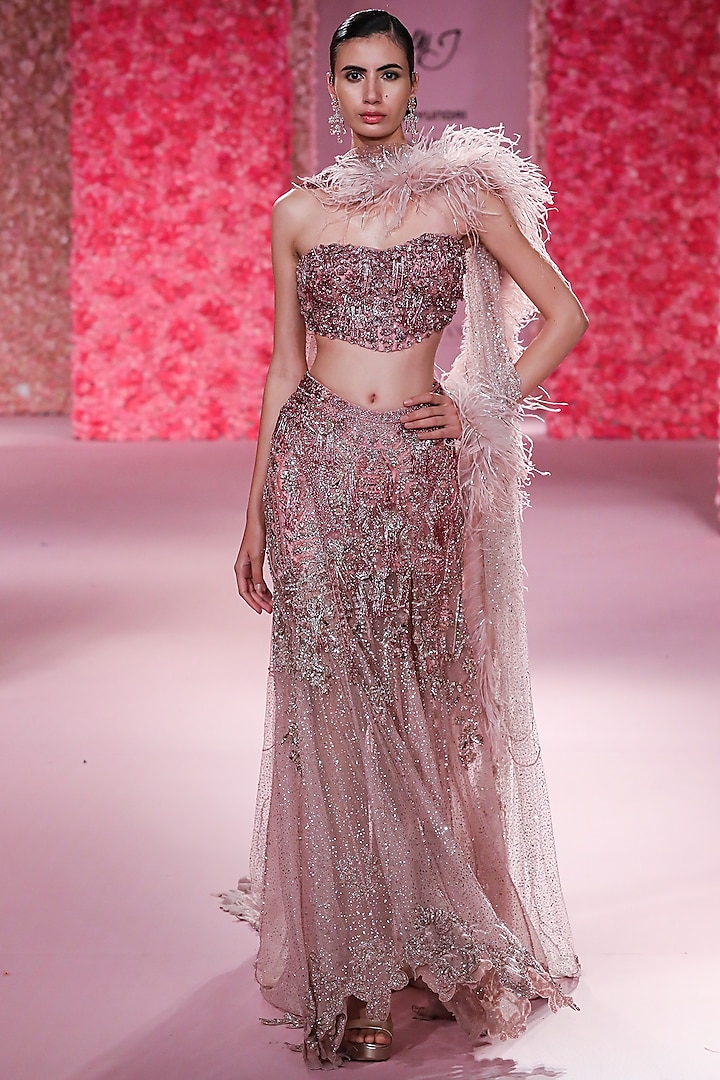 Mauve Pink Shimmer Tulle Mermaid Bridal Lehenga Set by Dolly J at Pernia's Pop Up Shop