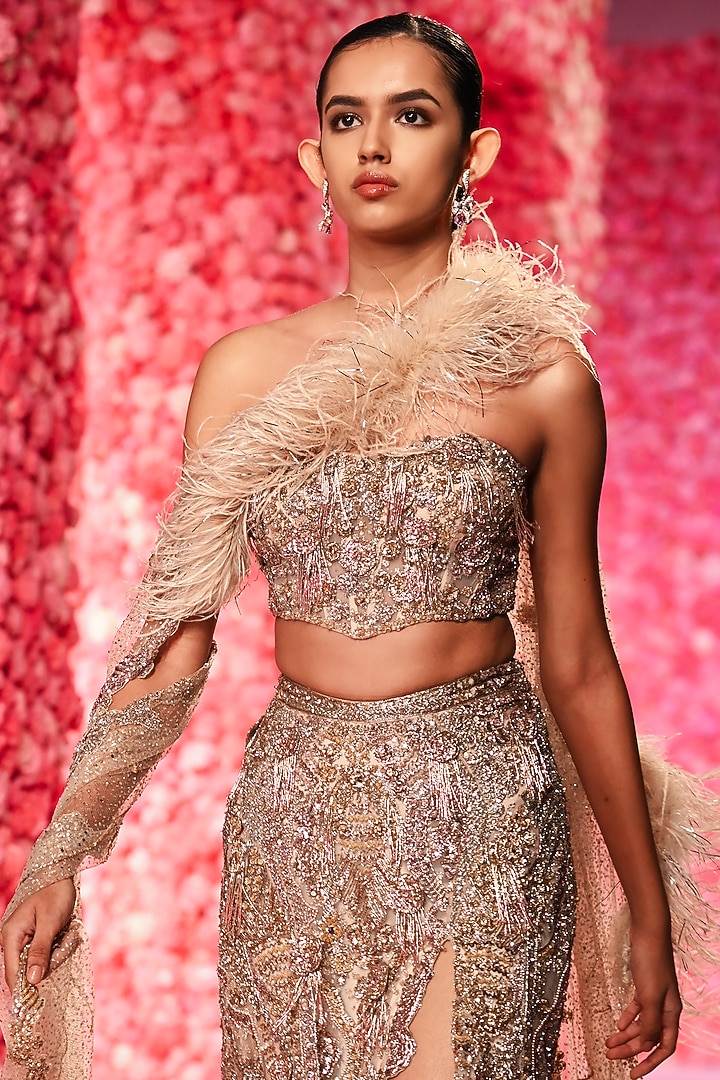 Pale Gold Shimmer Tulle Mermaid Bridal Lehenga Set by Dolly J at Pernia's Pop Up Shop