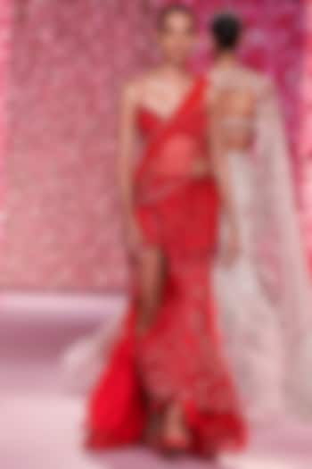 Scarlet Red Shimmer Tulle Draped Bridal Saree Set by Dolly J at Pernia's Pop Up Shop