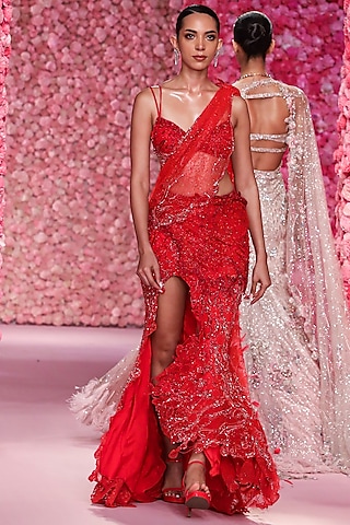 Scarlet Red Shimmer Tulle Draped Saree Set by Dolly J