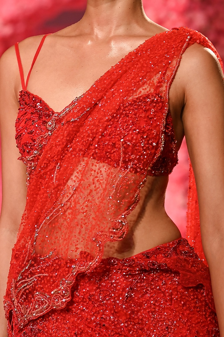 Scarlet Red Shimmer Tulle Draped Bridal Saree Set by Dolly J at Pernia's Pop Up Shop