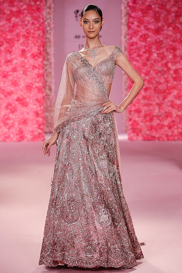 Mauve Pink Shimmer Tulle Bridal Lehenga Set by Dolly J at Pernia's Pop Up Shop