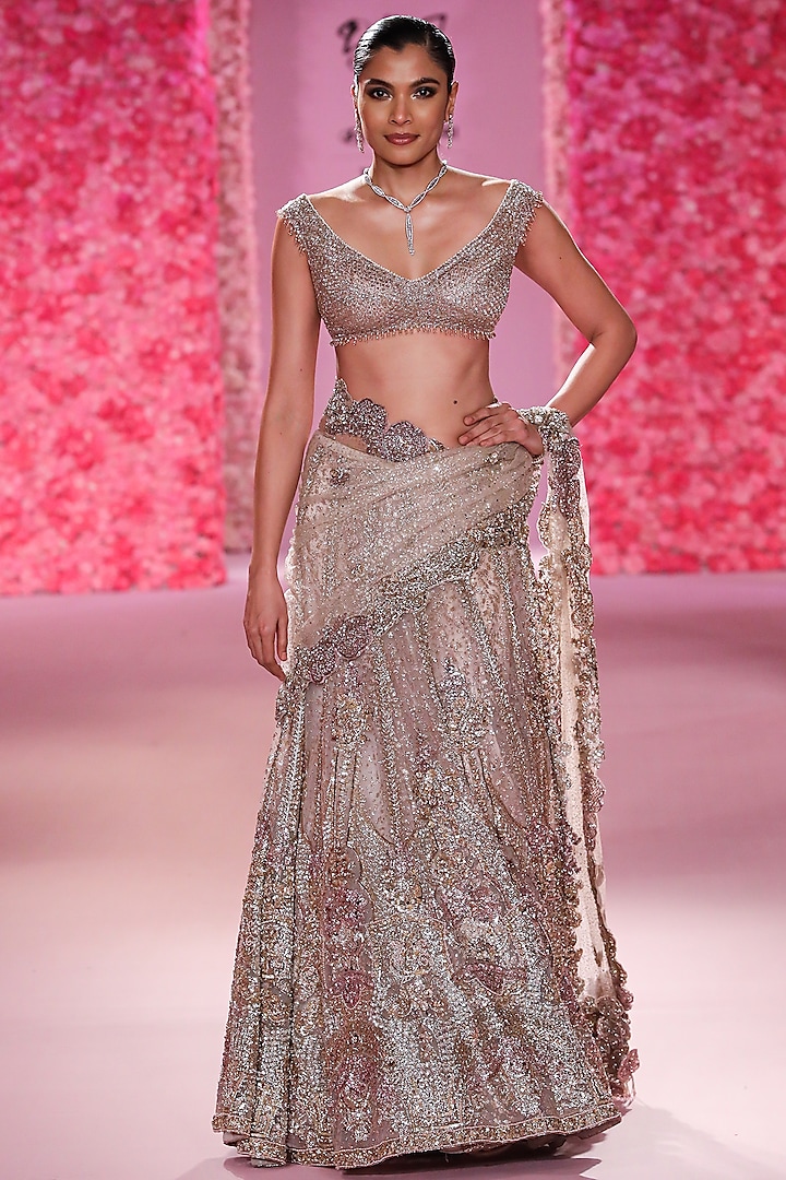 Pale Gold Shimmer Tulle Lehenga Saree Set by Dolly J at Pernia's Pop Up Shop