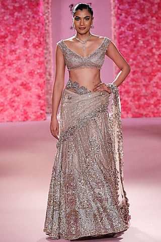 Pale Gold Shimmer Tulle Lehenga Saree Set by Dolly J