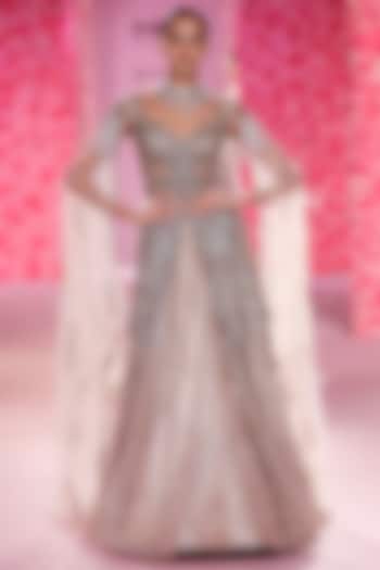 Pale Gold Shimmer Tulle Crystal Embroidered Jacket Bridal Lehenga Set by Dolly J at Pernia's Pop Up Shop