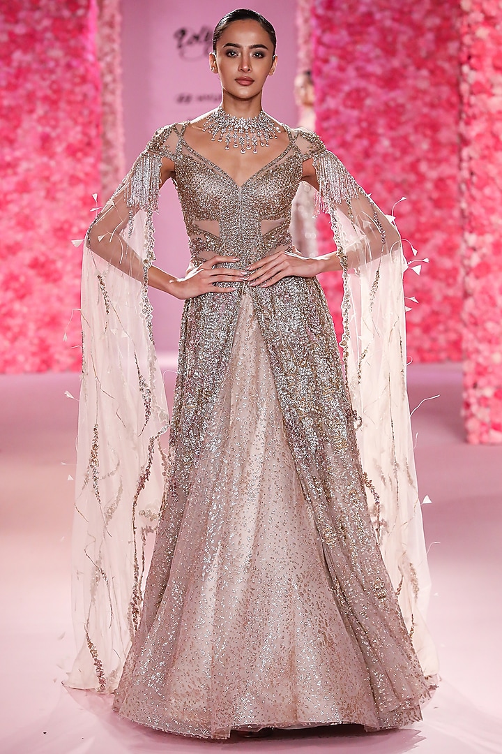 Pale Gold Shimmer Tulle Crystal Embroidered Jacket Bridal Lehenga Set by Dolly J at Pernia's Pop Up Shop