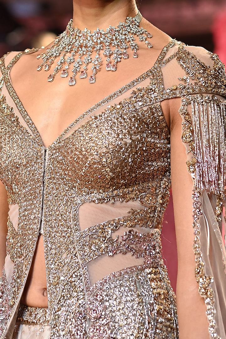 Pale Gold Shimmer Tulle Crystal Embroidered Jacket Bridal Lehenga Set by Dolly J at Pernia's Pop Up Shop