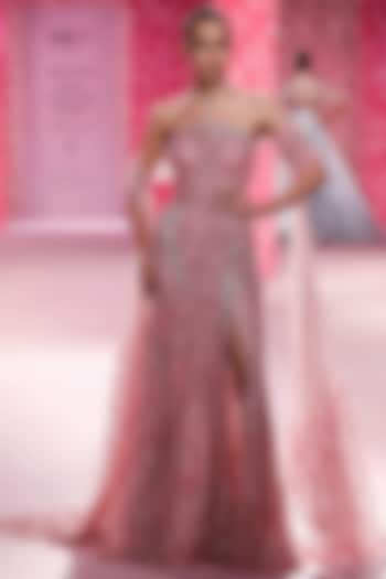 Candy Pink Shimmer Tulle Embroidered Bridal Gown With Cape by Dolly J at Pernia's Pop Up Shop