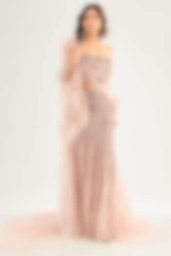 Blush Pink Mesh Crystallized Draped Skirt Saree Set by Dolly J at Pernia's Pop Up Shop