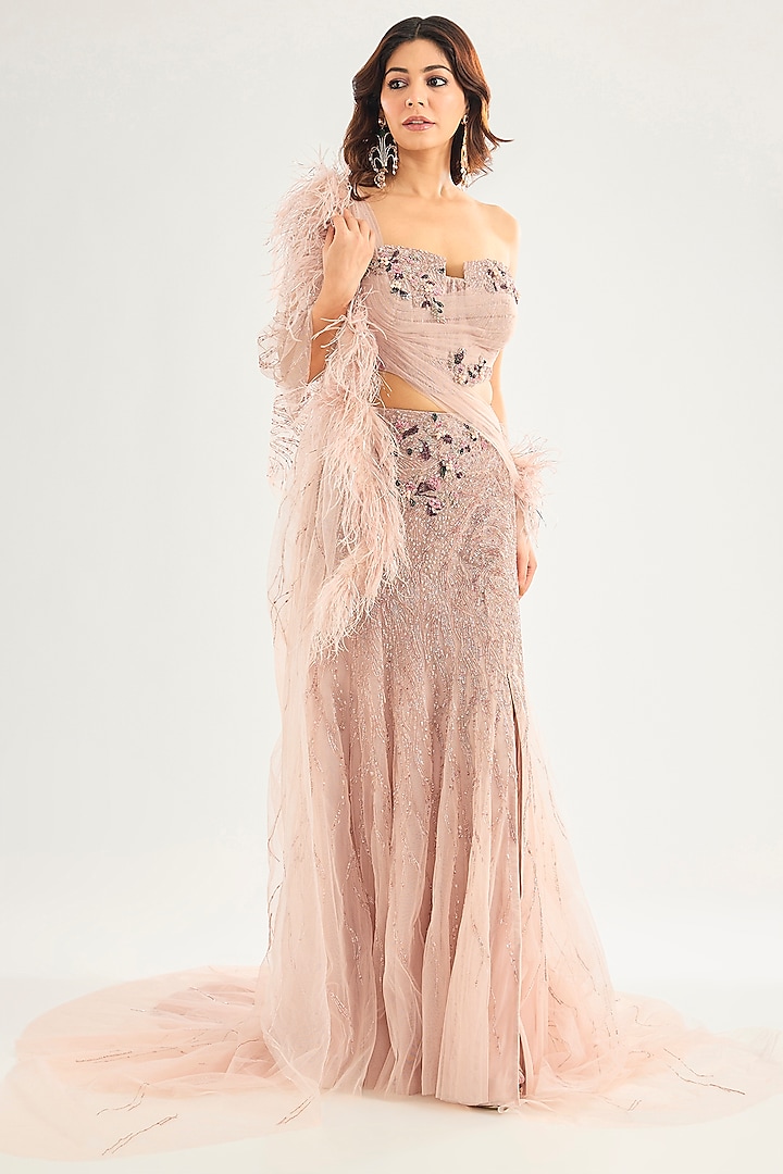 Blush Pink Mesh Crystallized Draped Skirt Saree Set by Dolly J at Pernia's Pop Up Shop