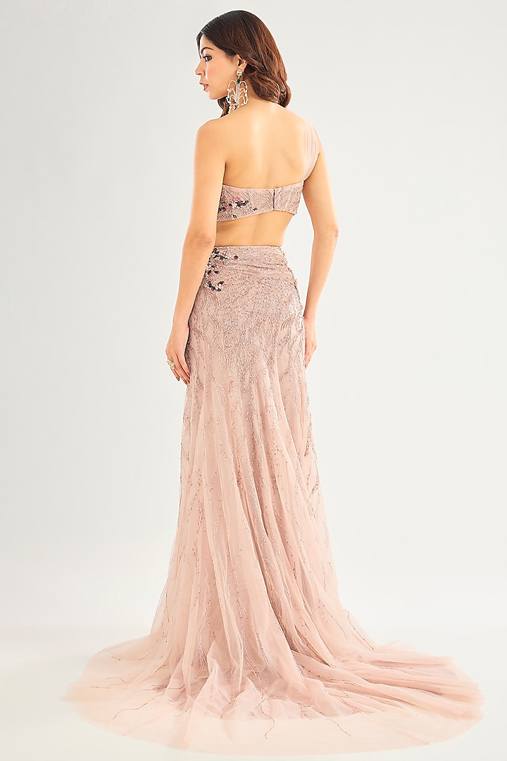 Blush Pink Mesh Crystallized Draped Skirt Bridal Saree Set by Dolly J at Pernia's Pop Up Shop
